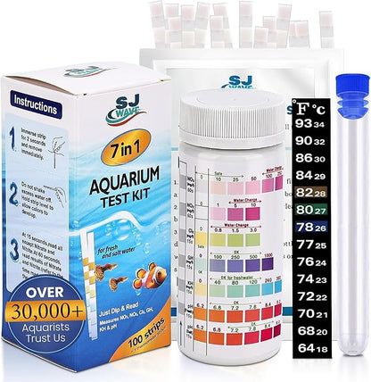 7 in 1 - Aquarium Test Strips | 100 Fast & Accurate Strips | Fish Tank Aquariums Water Test Kit & ebook | Aquarium Thermometer | Fish Tank Water Testing Kit for Fresh & Saltwater | Versatile Usage