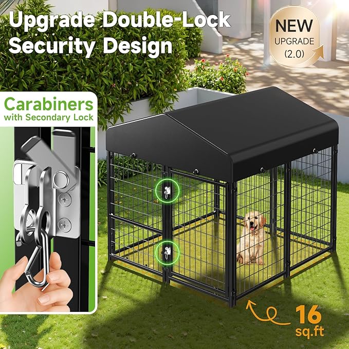 Outdoor Dog Kennel with Roof, Weatherproof Dog Kennel Outside with Removable Doggy Door, Backyard Dog Run Playpen Pet Enclosures for Medium to Small Dogs (4'L x 4'W x 4.6'H)