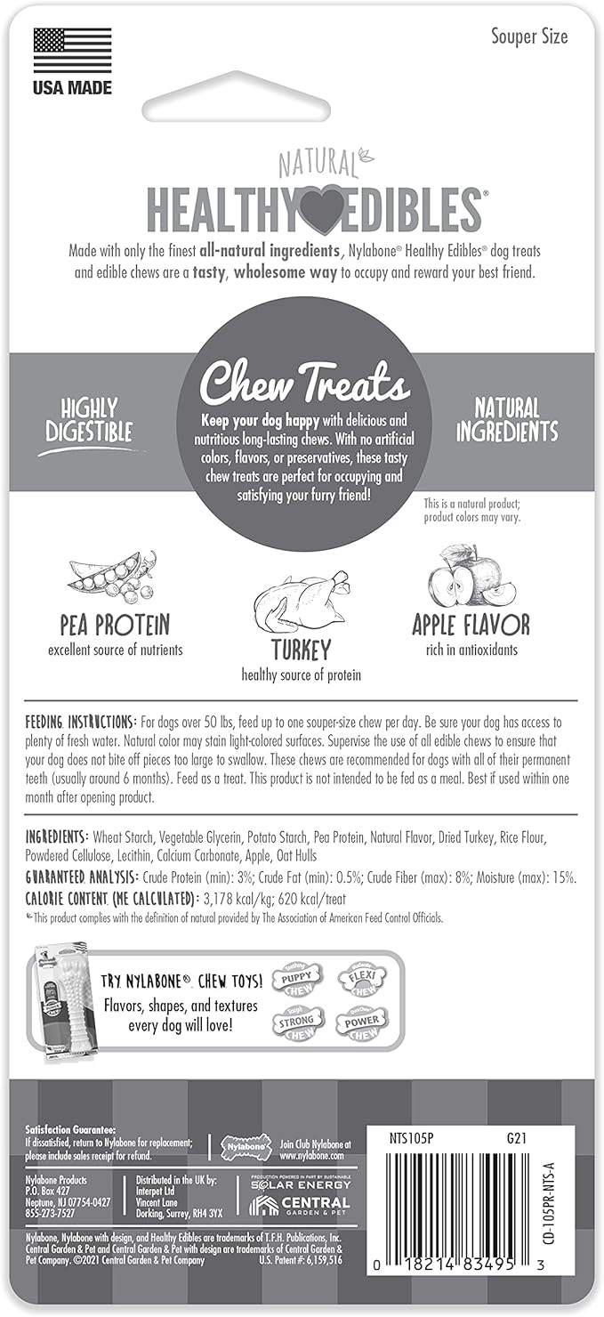 Nylabone Healthy Edibles Natural Dog Chews Long Lasting Turkey & Apple Treats for Dogs, X-Large/Souper (1 Count)