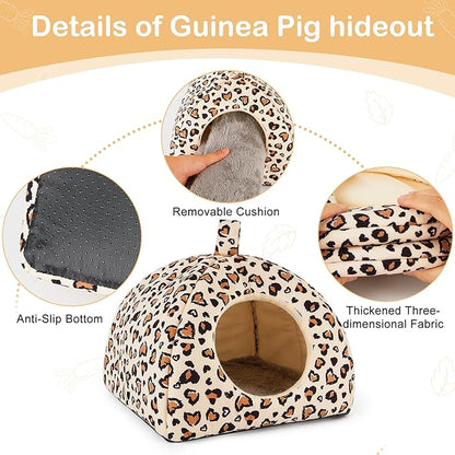 Bienbee Guinea Pig Hideout, Washable Rabbit Bed with Guinea Pig Tunnel, 2 Pack Guinea Pigs Toys Set Bunny Hideout Cage Accessories for Hamster Ferret Rabbits Bunny, Light Khaki Leopard