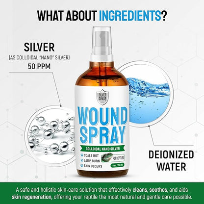 Reptile Wound Care Spray with Silver – for Wounds, Cuts, Scale Rot, Burns, Sores, Irritation, Abnormal Shedding – Topical Spray for Lizards, Bearded Dragons, Iguanas, Snakes, Geckos & Turtles – 4 Oz
