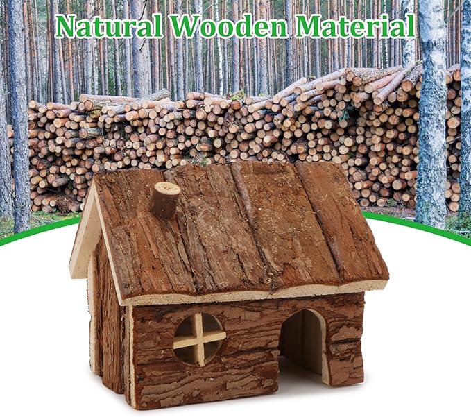 Hypeety Natural Wooden Hamster House Cage Small Animals House with Chimney for Pet Rats Gerbil Hideout Play House (S)