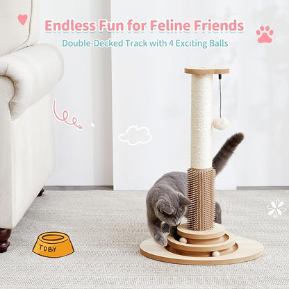 Made4Pets Cat Scratching Post, 23" Tall Sisal Cat Scratcher Post with Self Groomer, 4-in-1 Interactive Trackball Toys with Hair Brush, Vertical Cat Climbing Tree with Dangling Plush Balls