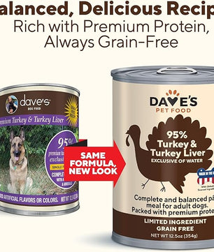 Dave's Pet Food Grain Free Wet Dog Food (95% Turkey & Turkey Liver), Made in USA Single-Source Protein, Limited Ingredients, 12.5 oz Cans (12 Pack)