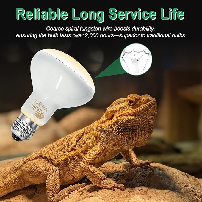 Pack of 2 Reptile Basking Light Bulbs - Incandescent 75W Simulated Sunlight UVA Heat Bulbs for Bearded Dragons, Geckos, Iguanas, Lizards, Amphibians & Small Pets