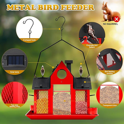 Solar Bird Feeders House for Outside Hanging, Metal Wild Bird Feeder for Outdoors Large Capacity Cardinal Birdfeeder Birdhouses Metal Bird Feeding Station Red