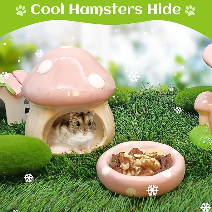 BNOSDM Ceramic Hamster Hideout Cute Mushroom Shape Hamster House and Habitat Cool Hamsters Hide Suitable for Syrian, Mice, Dwarf Hamsters, Gerbils (Pink)