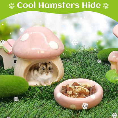 BNOSDM Ceramic Hamster Hideout Cute Mushroom Shape Hamster House and Habitat Cool Hamsters Hide Suitable for Syrian, Mice, Dwarf Hamsters, Gerbils (Pink)
