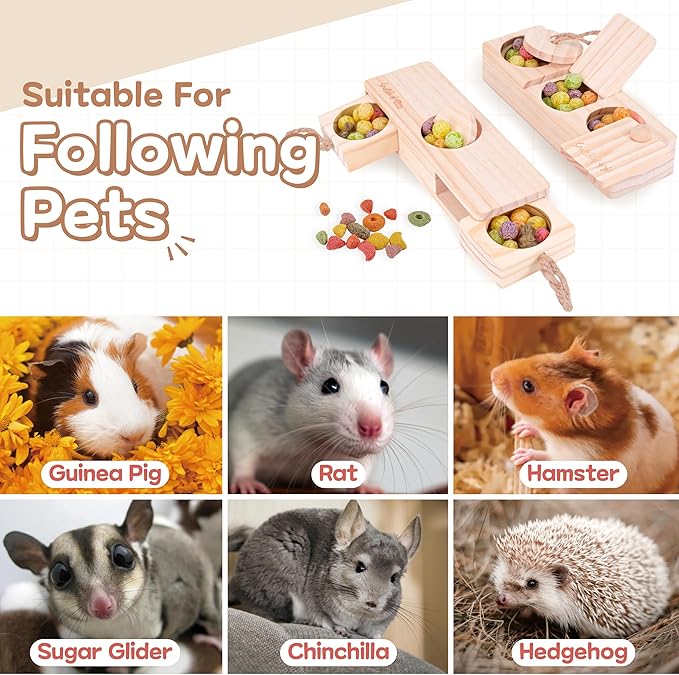 SoulThink® Interactive Guinea Pig Toys - Wooden Rat Toys for Pet Rats, Enrichment & Foraging Activity for Hamster Sniff n' Snack Puzzle for All Small Rodents (2 Sets)
