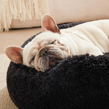Love's cabin Calming Cat Bed for Indoor Cats,Anti-Anxiety Donut Round Dog Bed,Fluffy Faux Fur Washable Pet Bed for Small Medium Dogs and Cats,Black,24in