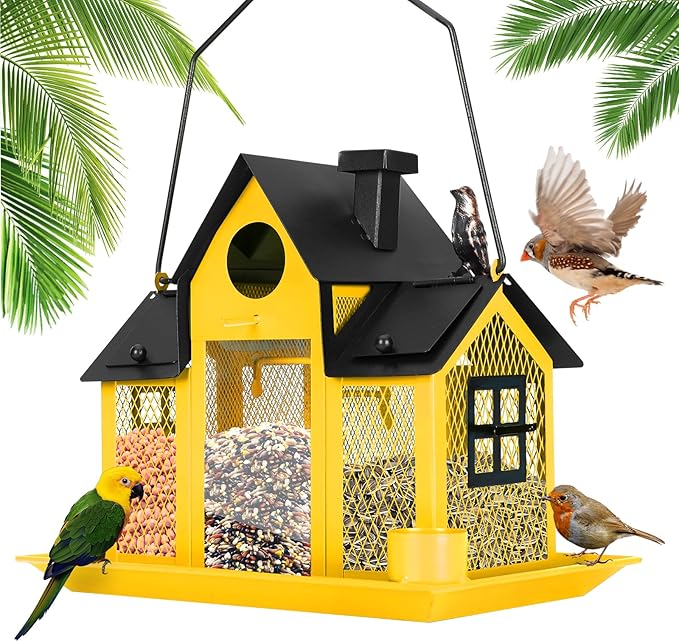 Solar Bird Feeders House for Outside Hanging, Metal Wild Bird Feeder for Outdoors Large Capacity Cardinal Birdfeeder Birdhouses Metal Bird Feeding Station Yellow