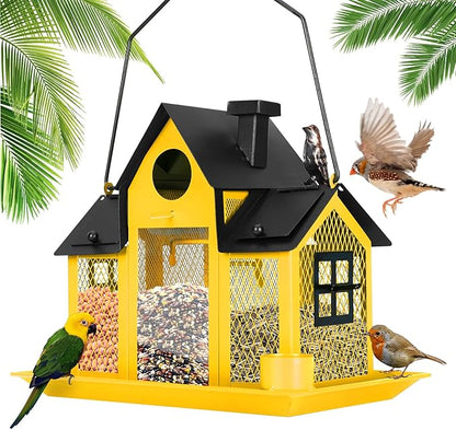 Solar Bird Feeders House for Outside Hanging, Metal Wild Bird Feeder for Outdoors Large Capacity Cardinal Birdfeeder Birdhouses Metal Bird Feeding Station Yellow
