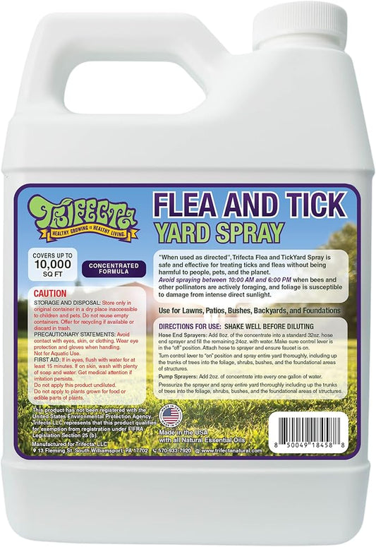 Trifecta Outdoor Flea & Tick Yard Spray Concentrate | All Natural Flea and Tick Spray for Yards with Essential Oils | Pet and Family Safe | Concentrated Formula For Hose-End Sprayers and Pumps (16 oz)