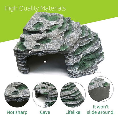 Large Reptile Hide Shale Scape Step Ledge, Reptile Cave Hideout, Bearded Dragons Accessories, Basking Rocks for Bearded Dragons (Large-B-11.8 * 9.8 * 5.3)