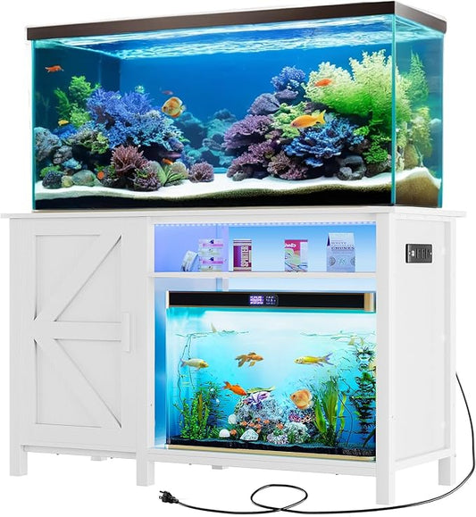 DWVO Aquarium Stand for 55-75 Gallon Fish Tank with Additional 20 Gallon Space and LED Lights, Fish Tank Stand with Adjustable Dividers and Power Outlets, Suitable for Turtle Tank Terrarium, White