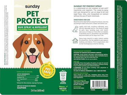 Sunday Pet Protect Flea, Tick, & Mosquito Spray – Natural, Effective Bug Spray for Dogs – Kills, Controls, Prevents Biting Pests with Cedarwood & Soybean Oil – 24 oz