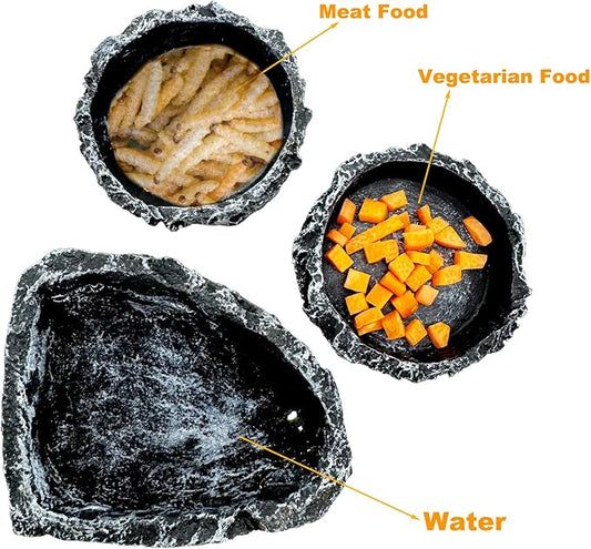 Reptile Water Dish Food Bowl, 3 Pack Reptile Feeding Terrarium Bowls for Bearded Dragon Lizard Frog Gecko Tortoise Hermit Crab Snail (Black)