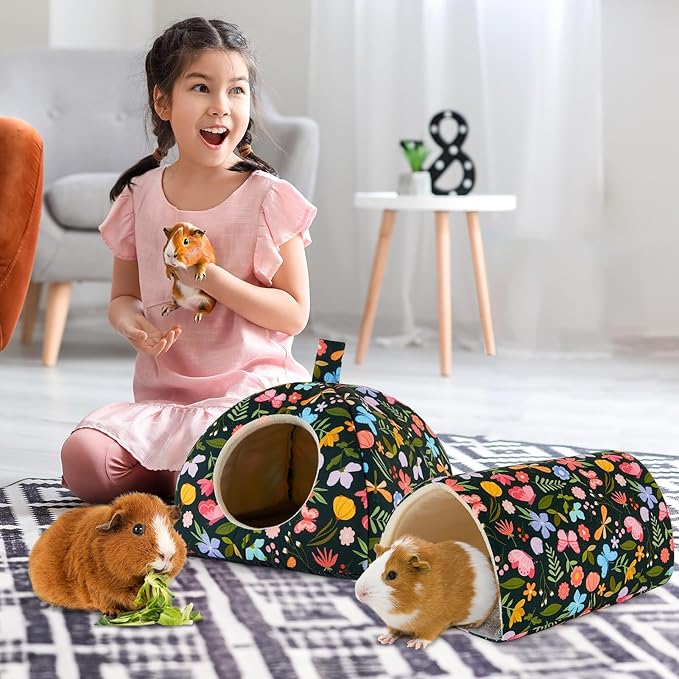 Bienbee Guinea Pig Hideout, Washable Rabbit Bed with Guinea Pig Tunnel, 2 Pack Guinea Pigs Toys Set Bunny Hideout Cage Accessories for Hamster Ferret Rabbits Bunny, Green Flowers