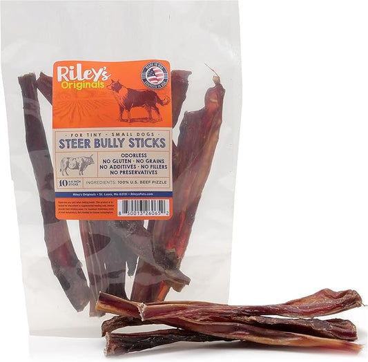 Riley's Steer Bully Sticks for Tiny to Small Dogs - Odor Free Single Ingredient Chew Treat - Easily Digestible, 100% Beef Pizzle Sticks for Dogs - 4-6", 10ct