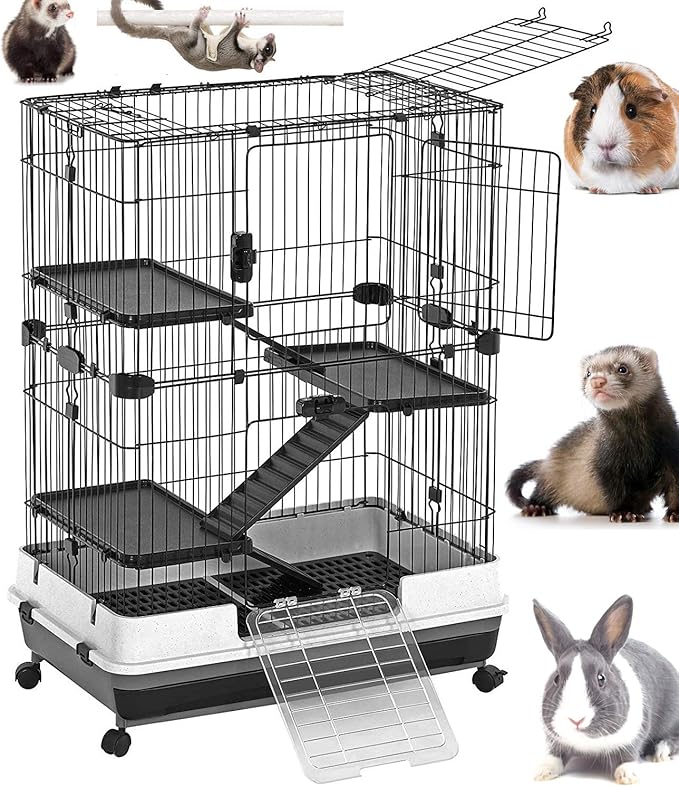 X-Large Deluxe 4-Level in/Outdoor Rabbit Hutch Cage for Ferret Squirrel Chinchilla Solid Platform Ramp Mesh Floor Easy Clean 2-Inch Deep Leakproof Tray Large Access Doors Lockable Casters