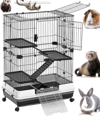 X-Large Deluxe 4-Level in/Outdoor Rabbit Hutch Cage for Ferret Squirrel Chinchilla Solid Platform Ramp Mesh Floor Easy Clean 2-Inch Deep Leakproof Tray Large Access Doors Lockable Casters