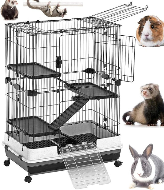 X-Large Deluxe 4-Level in/Outdoor Rabbit Hutch Cage for Ferret Squirrel Chinchilla Solid Platform Ramp Mesh Floor Easy Clean 2-Inch Deep Leakproof Tray Large Access Doors Lockable Casters