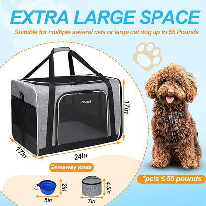 Petskd Extra Large Pet Carrier 24"x17"x17" for Large Cat or Medium Dog, Collapsible Soft Sided Dog cat Carrier for Long Trips with Lockable Safety Zippers(Grey)