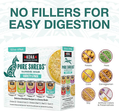 KOHA Pure Shreds Dog Food, 5 Flavors Variety Pack, Wet Food for Picky Eaters, Low Fat, High Protein, 12.5oz Cans, 2 x 6 Pack Cans