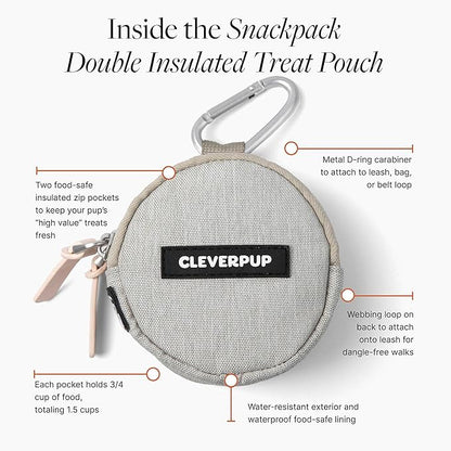 Snackpack Double Insulated Dog Treat Pouch - Holds 1.5 Cups - Dog Training and Walks Snack Bag, Two Pockets for Dry or Wet Treats, Attaches to Leash, Belt, or Bag - Sand