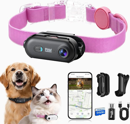 4K UHD Cat& Dog Pet Camera Collar, Video Recorder with Phone App Live View, Outdoor & Indoor POV Action Cam for Kitty and Big Cats(Black - Pink Waterproof Collar - S, 64g)