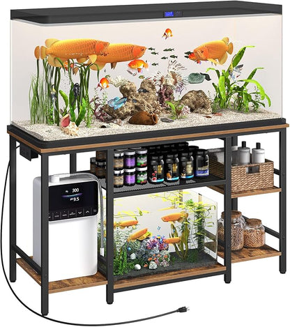 55-75 Gallon Fish Tank Stand with Power Outlet, 3-Tier Metal Frame Aquarium Stand, Heavy Duty Reptile Terrarium Tank Stand, 52.0"L x 19.7"W x 29.9"H, 800 LBS Capacity, Rustic Brown FTHR55E01