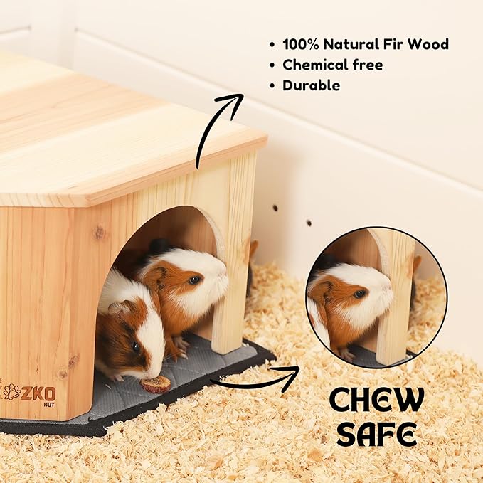 Wooden Guinea Pig Corner Hideout - Hidey for Chinchilla, Rat and Hedgehog with Pee Pad, Fully Assembled & Dual Entrances - Guinea Pig Accessories by The Kozko Hut