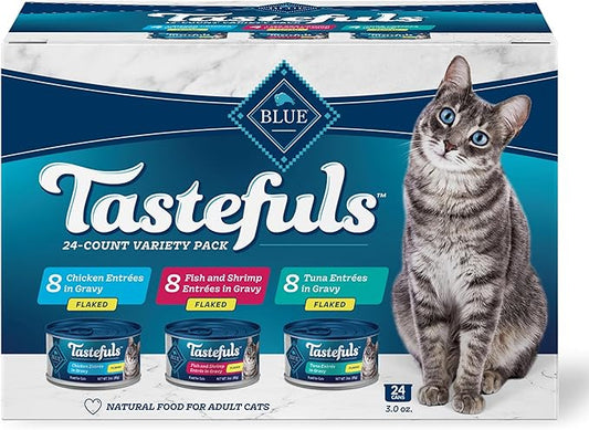 Blue Buffalo Tastefuls Flaked Wet Cat Food Variety Pack, Made with Natural Ingredients, Tuna, Chicken, Fish & Shrimp, 3-oz Cans (12 Count, 4 of Each)