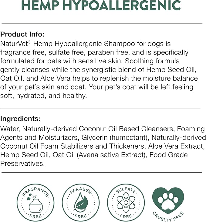 NaturVet Hemp Hypoallergenic Shampoo with Oat and Aloe for Dogs, 16oz Liquid, Made in The USA