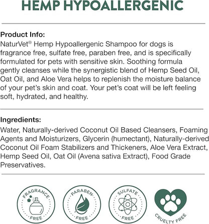 NaturVet Hemp Hypoallergenic Shampoo with Oat and Aloe for Dogs, 16oz Liquid, Made in The USA