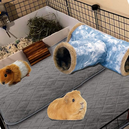 LeerKing Guinea Pig Tunnel 3 Way, Small Animal Hideout Toy Washable Canvas Fleece Tube Play Tunnel for Rats Ferret Bunny Gerbil Sugar Glider Chinchilla, Blue