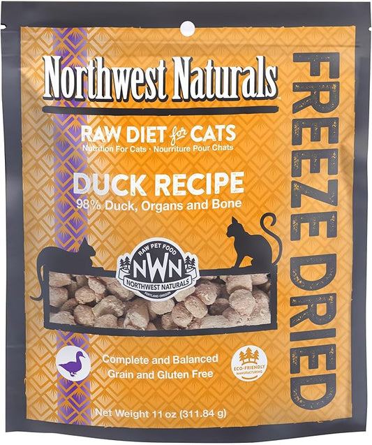 Northwest Naturals Freeze-Dried Duck Cat & Kitten Food, Grain-Free, Bite-Sized Nibbles. Healthy, Limited, Human-Grade Ingredients, Complete & Balanced, All-Natural, High-Protein Diet, USA Made, 11 oz