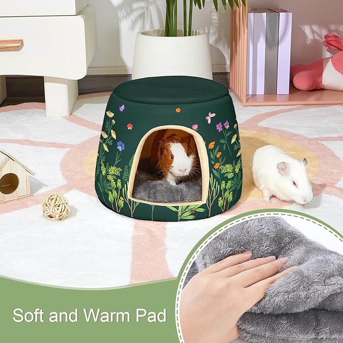Glittme Guinea Pig Hideout, 2 in 1 Guinea Pig Bed with Removable Pad, Washable Bunny Bed, Foldable Guinea Pig Accessories for Guinea Pig Cages, Guinea Pig, Bunny, Hamster, Hedgehog, Rabbit, Forest