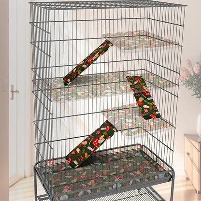 Bienbee Ferret Cage Liner Set for Ferret Nation & Critter Nation Cage, Waterproof Ferrets Cage Accessories for Small Animals Rats Chinchillas Hedgehogs Ferrets(Green Mushroom,Ramp Covers-3 PCS)
