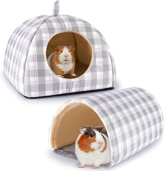 Bienbee Guinea Pig Hideout, Washable Rabbit Bed with Guinea Pig Tunnel, 2 Pack Guinea Pigs Toys Set Bunny Hideout Cage Accessories for Hamster Ferret Rabbits Bunny,Gray Grid
