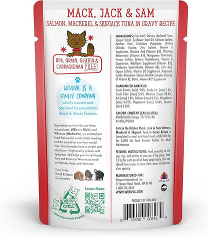 Weruva Cats in The Kitchen Mack, Jack & Sam with Mackerel, Skipjack & Salmon in Gravy Cat Food, 3oz Pouch (Pack of 12)