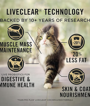Purina Pro Plan LiveClear Cat Food Weight Management and Cat Allergen Reducer Chicken and Rice Formula - 3.2 lb. Bag