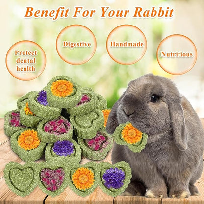 20PCS Bunny Chew Toys, Rabbit Toys for Bunny's Teeth, Chinchilla, Hamster, Guinea Pig & Pig, Organic Timothy Hay Cakes for Teeth Grinding & Dental Health