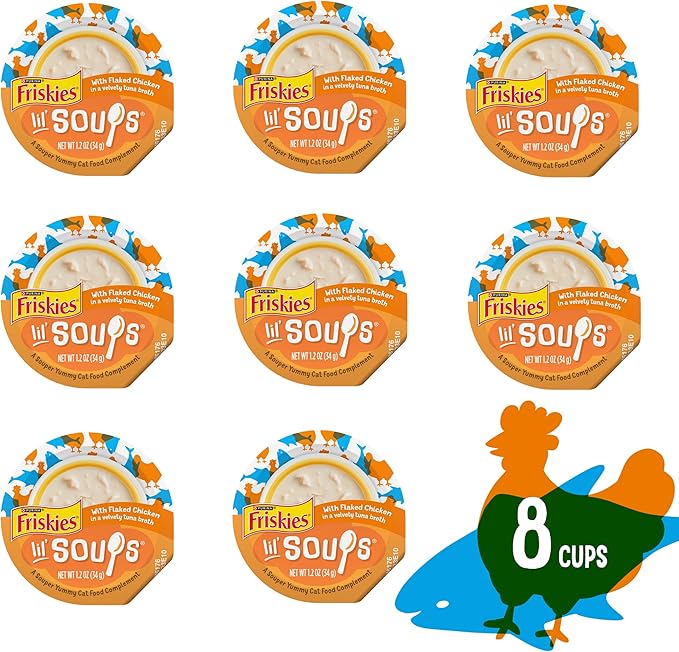 Purina Friskies Natural, Grain Free Wet Cat Food Lickable Cat Treats, Lil' Soups Flaked Chicken - (Pack of 8) 1.2 oz. Tubs