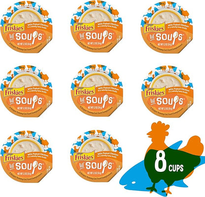 Purina Friskies Natural, Grain Free Wet Cat Food Lickable Cat Treats, Lil' Soups Flaked Chicken - (Pack of 8) 1.2 oz. Tubs