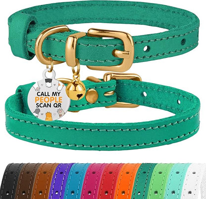 BRONZEDOG Leather Cat Collar with Removable Bells Non Breakaway Kitten QR Tag for Girl Boy (9" - 12" Cats/Mini Dogs, Green & Gold)