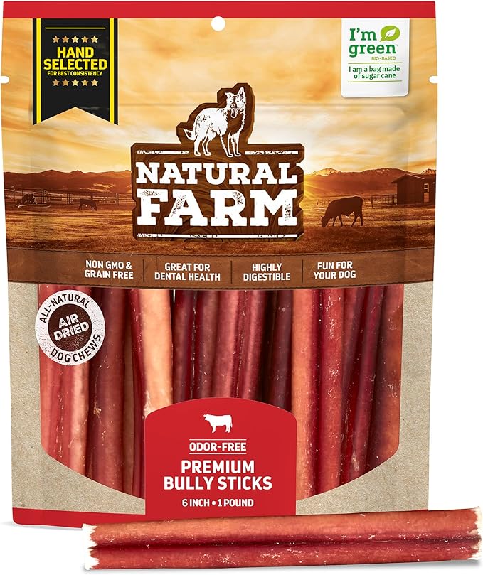 Natural Farm Odor-Free Select Bully Sticks, (6-Inch, 1-Pound), Hand Selected for Consistent Thickness, 100% Beef Pizzle Dog Chews, Fully Digestible, High Protein, Best Dental Treats