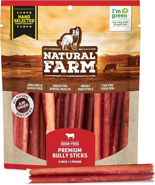 Natural Farm Odor-Free Select Bully Sticks, (6-Inch, 1-Pound), Hand Selected for Consistent Thickness, 100% Beef Pizzle Dog Chews, Fully Digestible, High Protein, Best Dental Treats