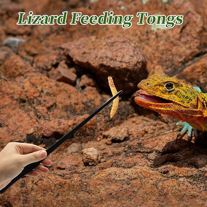 Reptile Feeding Tongs, Stainless Steel Lizard Feeding Tongs, Aquarium Straight Feeding Tweezers for Reptiles with Rubber Tip, Terrarium Feeding Tong for Gecko, 14.96" Length, Black