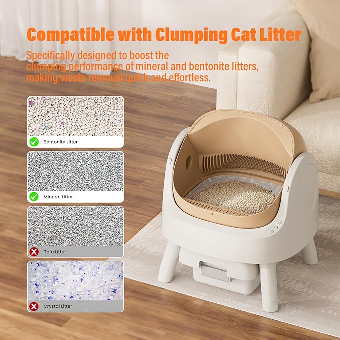 Automatic Litter Box, Self Cleaning Litter Box with Open Top Design, Integrated Safety Protection, Included Mat and Liner, Brown